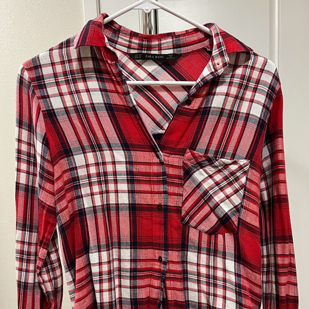 Zara Basic, Red/White/Black Plaid, Shirt Button Up, XS